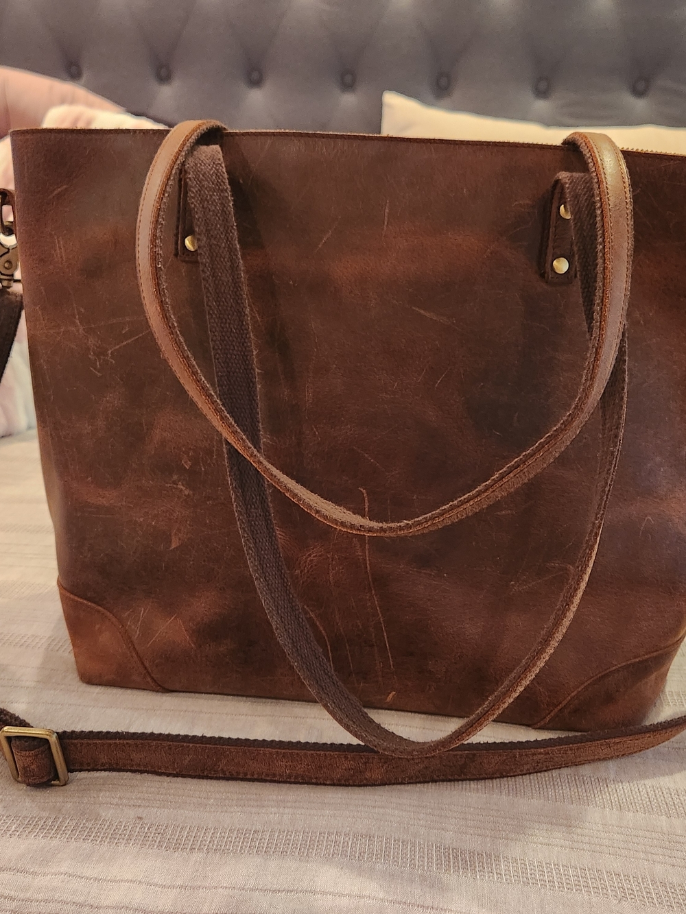 Classic Brown Leather Tote Shoulder Bag - Women's Everyday Carry